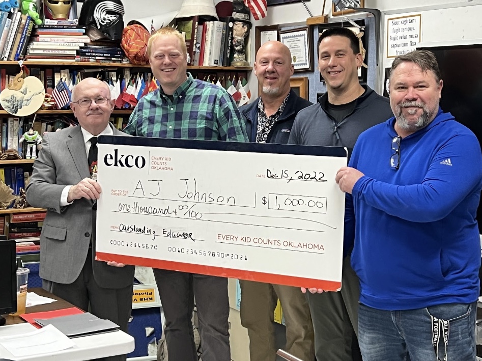 Pictured from left to right: Dr. Johnson, Mike Robins, Geoff Covalt, Jared Reece and John Harris at Kingfisher High School